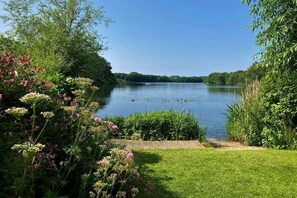 A lake with ducks, surrounded by lush greenery and a grassy area. - Holiday apartment with 2 bedrooms (Timmdorf)