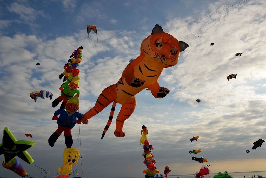 A sky filled with various kites, including a large tiger kite.