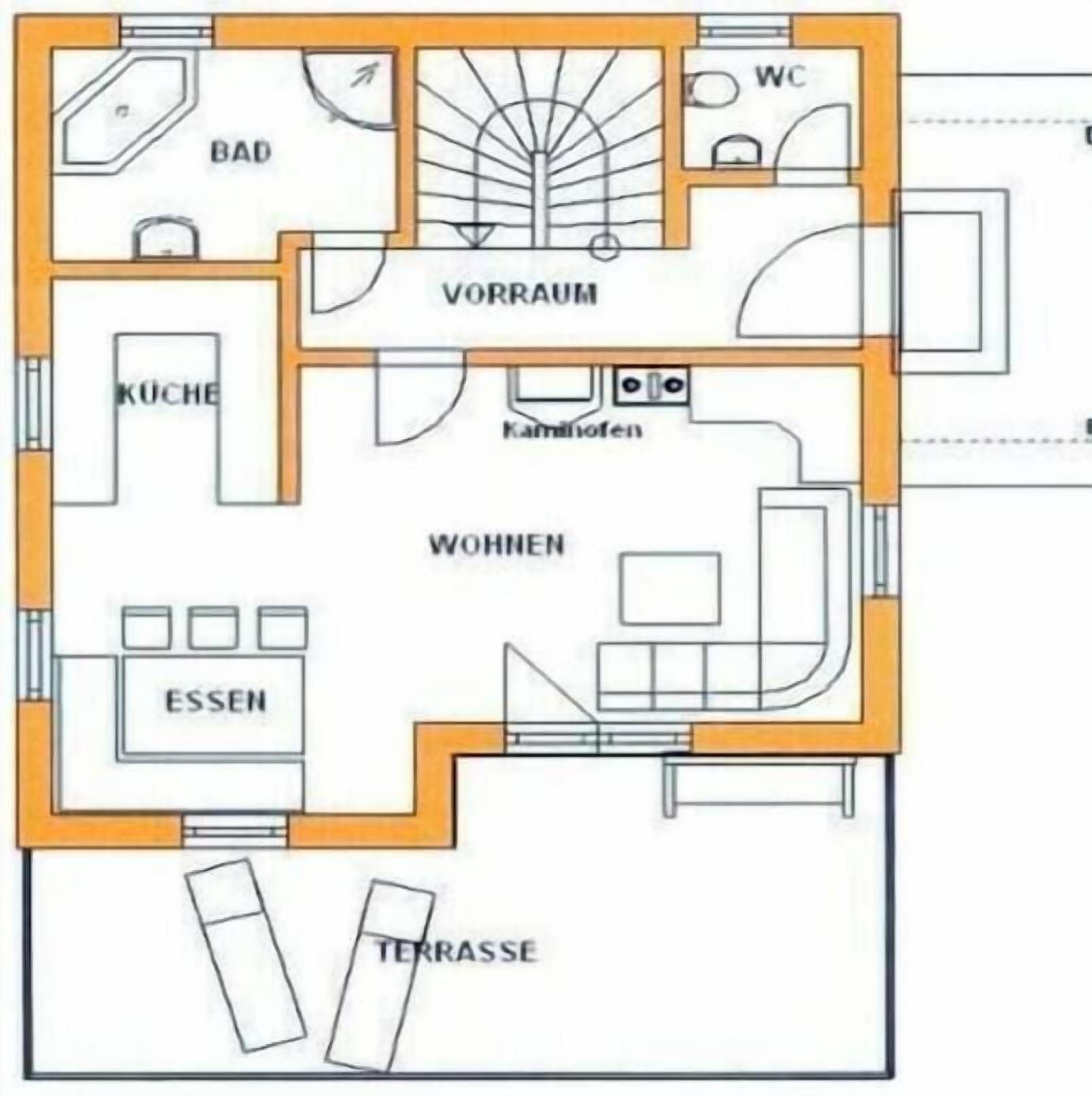 A hotel floor plan with a living room, kitchen, bathroom, and terrace.