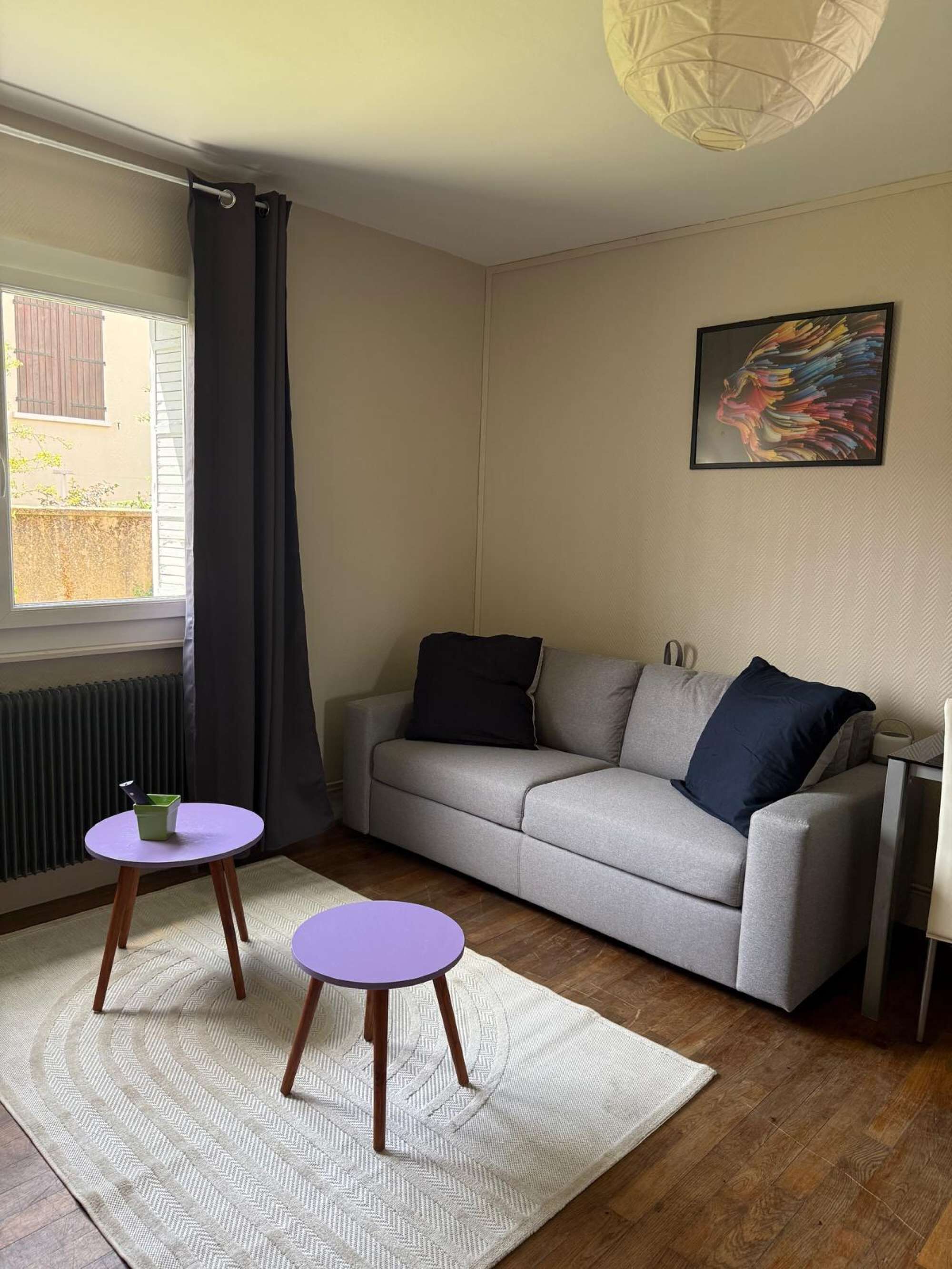 Un salon avec un canapé gris, deux tables rondes, un radiateur, une fenêtre avec des rideaux et un tableau accroché au mur.