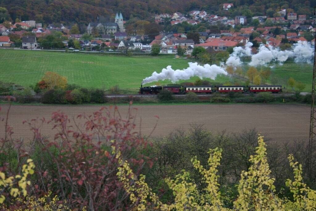 A steam train with multiple carriages passing through a rural landscape with houses and a church in the background.