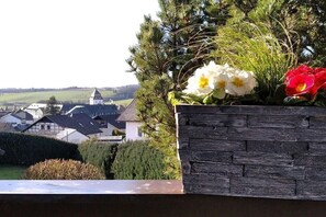 A balcony with a wooden planter box containing flowers and pine branches, overlooking a residential area with houses and a church. - Holiday apartment with 1 bedroom (Schmallenberg-Grafschaft)