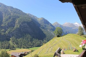 A mountainous landscape with a clear sky, a grassy slope, and a wooden structure with a view of the mountains. - AppHaus Sonne holiday apartment "Enzian" (Heiligenblut am Großglockner)