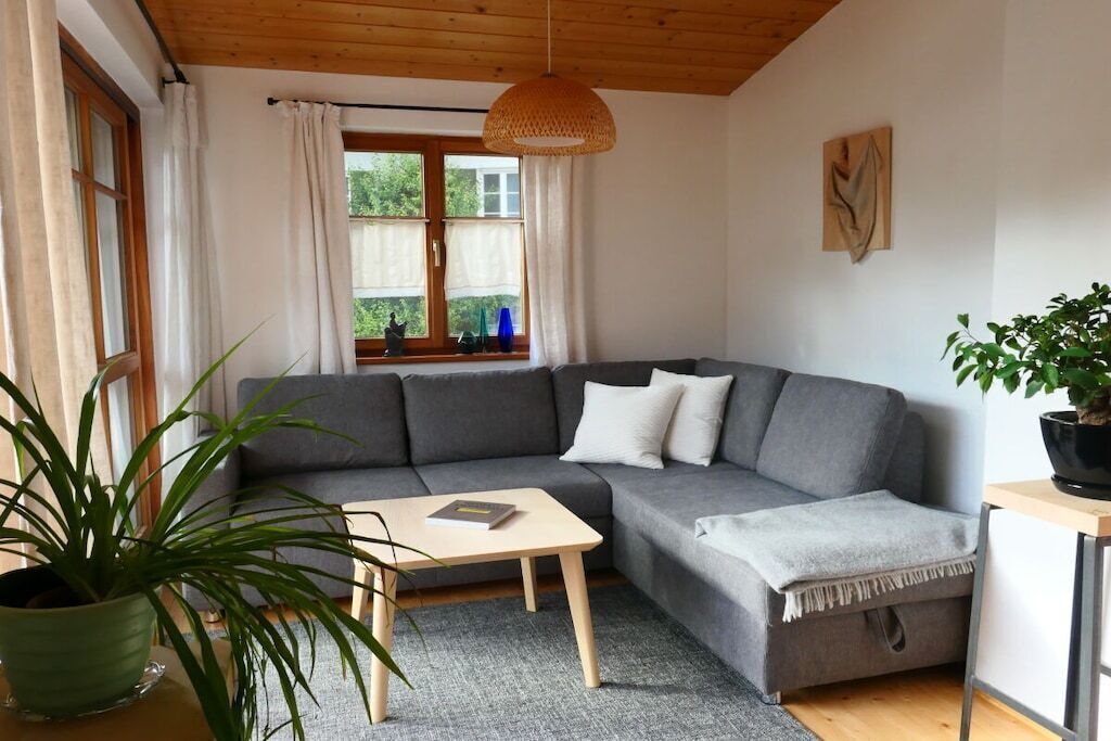 A modern living room with a grey sectional sofa, a wooden coffee table, a potted plant, and a window with curtains.