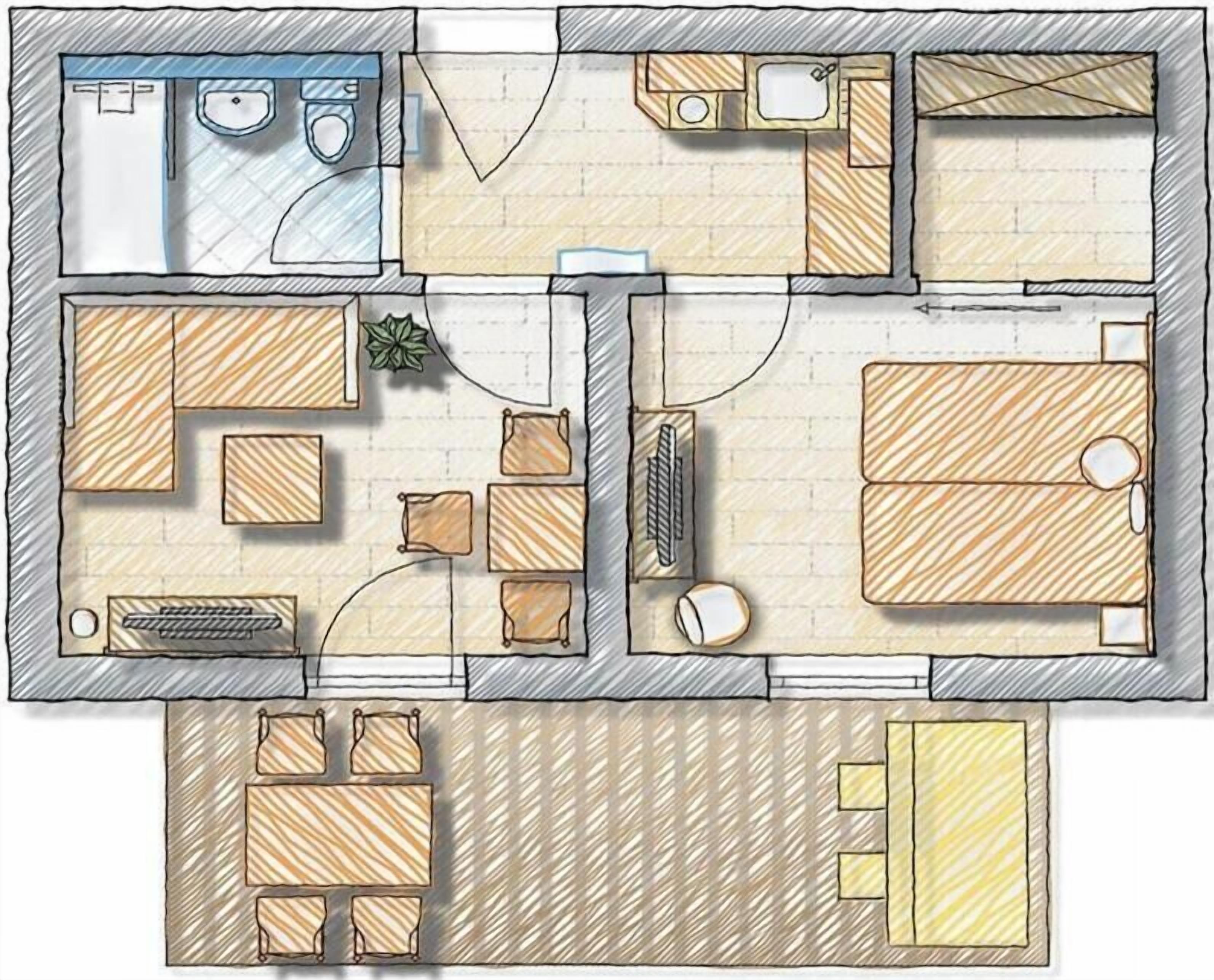 Ein Hotelzimmer mit Grundriss, das ein Badezimmer, eine Küchenzeile, eine Wohnbereich mit Sofa und Esstisch sowie einen separaten Schlafbereich umfasst.