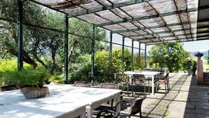 An outdoor patio with a table and chairs, surrounded by greenery and a pergola structure.