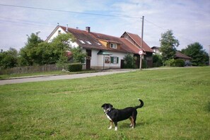 A grassy area with a dog standing in the foreground and houses in the background. - Holiday home with 1 bedroom (Wutach- Münchingen)