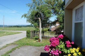 Ein Wohnhaus mit gepflasterter Auffahrt, Holzzaun und Garten mit rosa und gelben Blüten.