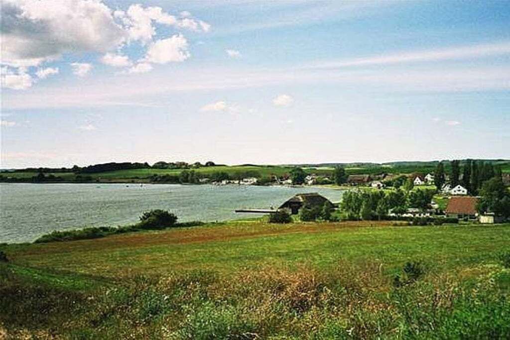 A lakeside view with houses and a grassy field.