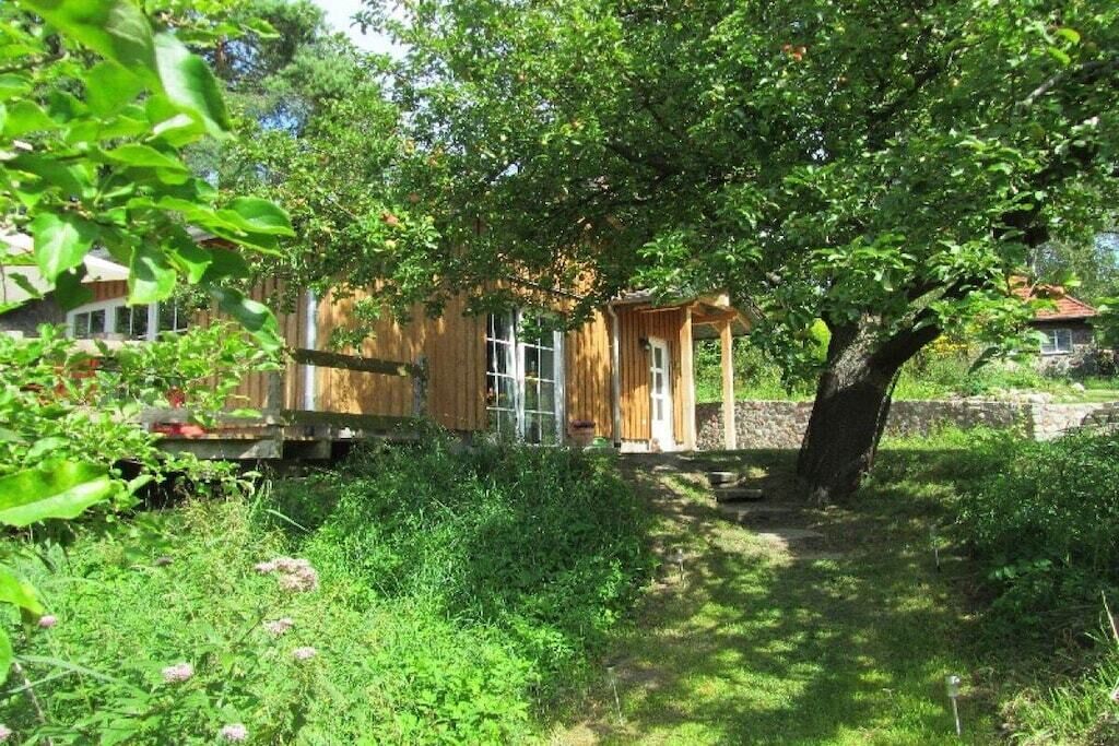 Una casa de madera rústica con un gran árbol en primer plano, rodeada de abundante vegetación.