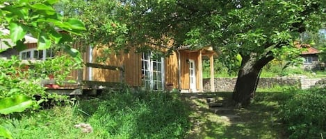 Una casa de madera rústica con un gran árbol en primer plano, rodeada de abundante vegetación.