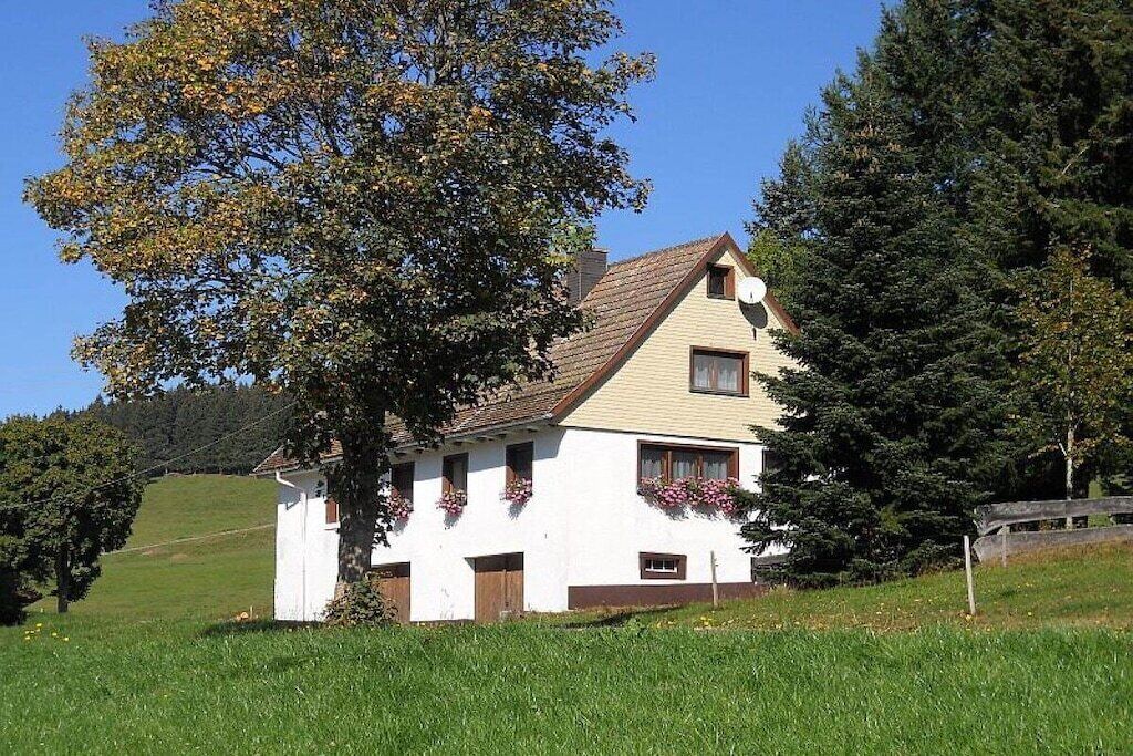 A two-story house with a sloped roof, a small porch, and flower boxes on the windows.
