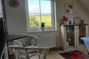 A room with a view of a green field, a white wicker chair, a radiator, a cabinet with glass doors, and a small cactus plant. - Holiday apartment with 2 bedrooms (Oberkrämer)