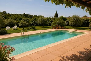 Ein rechteckiger Pool mit einer gefliesten Liegefläche, umgeben von Grünflächen und Bäumen.