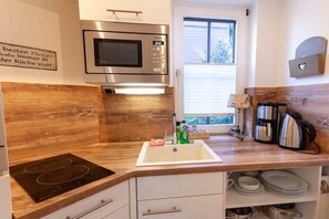A modern kitchen with a built-in microwave, an induction cooktop, and a sink. - Small mountain suite (Braunlage)