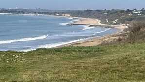 Eine Küstenlandschaft mit einer grünen Vordergrundwiese, einem Sandstrand und dem Meer.