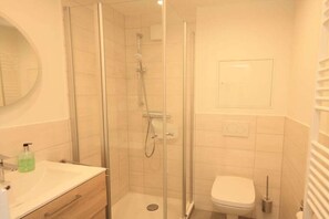 Een badkamer met een douchecabine, een toilet en een wastafel met spiegel.