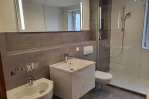 A modern bathroom with a sink, vanity, toilet, and shower. - Brocken summit with terrace (Schierke)