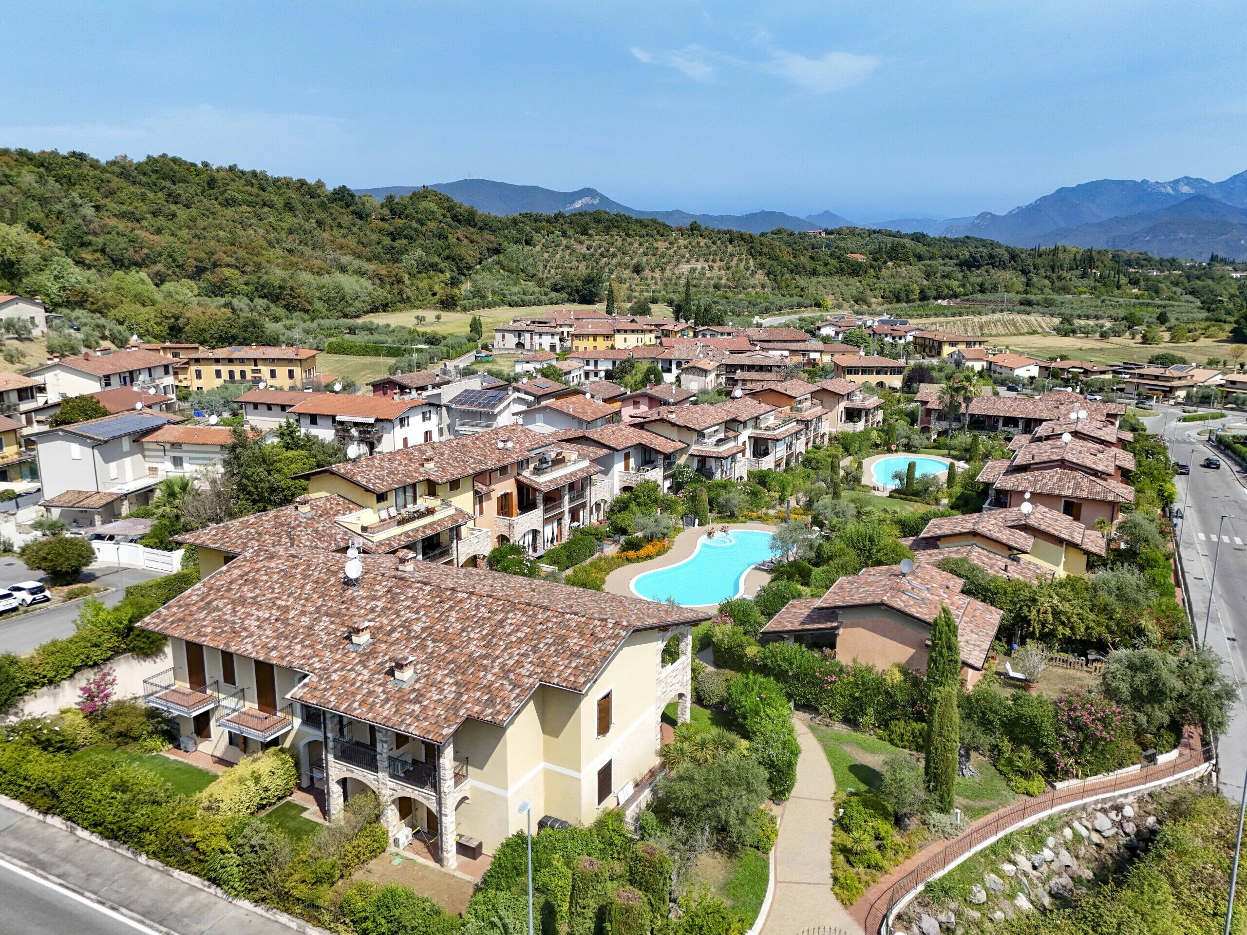 A residential area with multiple houses, a swimming pool, and a road.