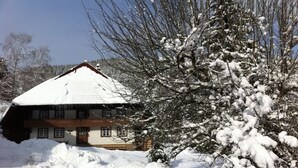 Uma casa com telhado inclinado coberto de neve, cercada por árvores carregadas de neve e um céu claro.