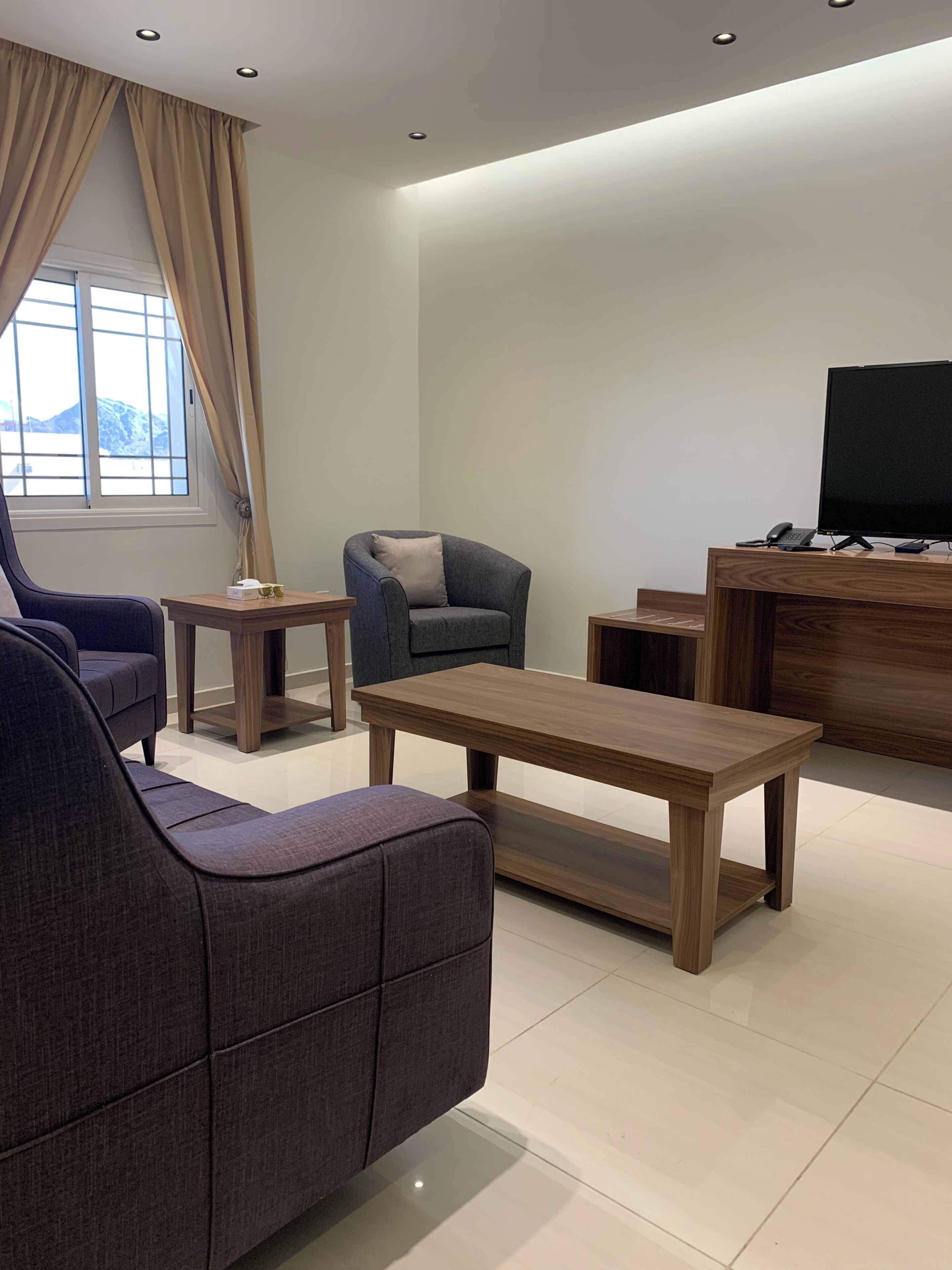 A modern living room with a sofa, armchair, coffee table, and a flat-screen TV on a wooden stand.