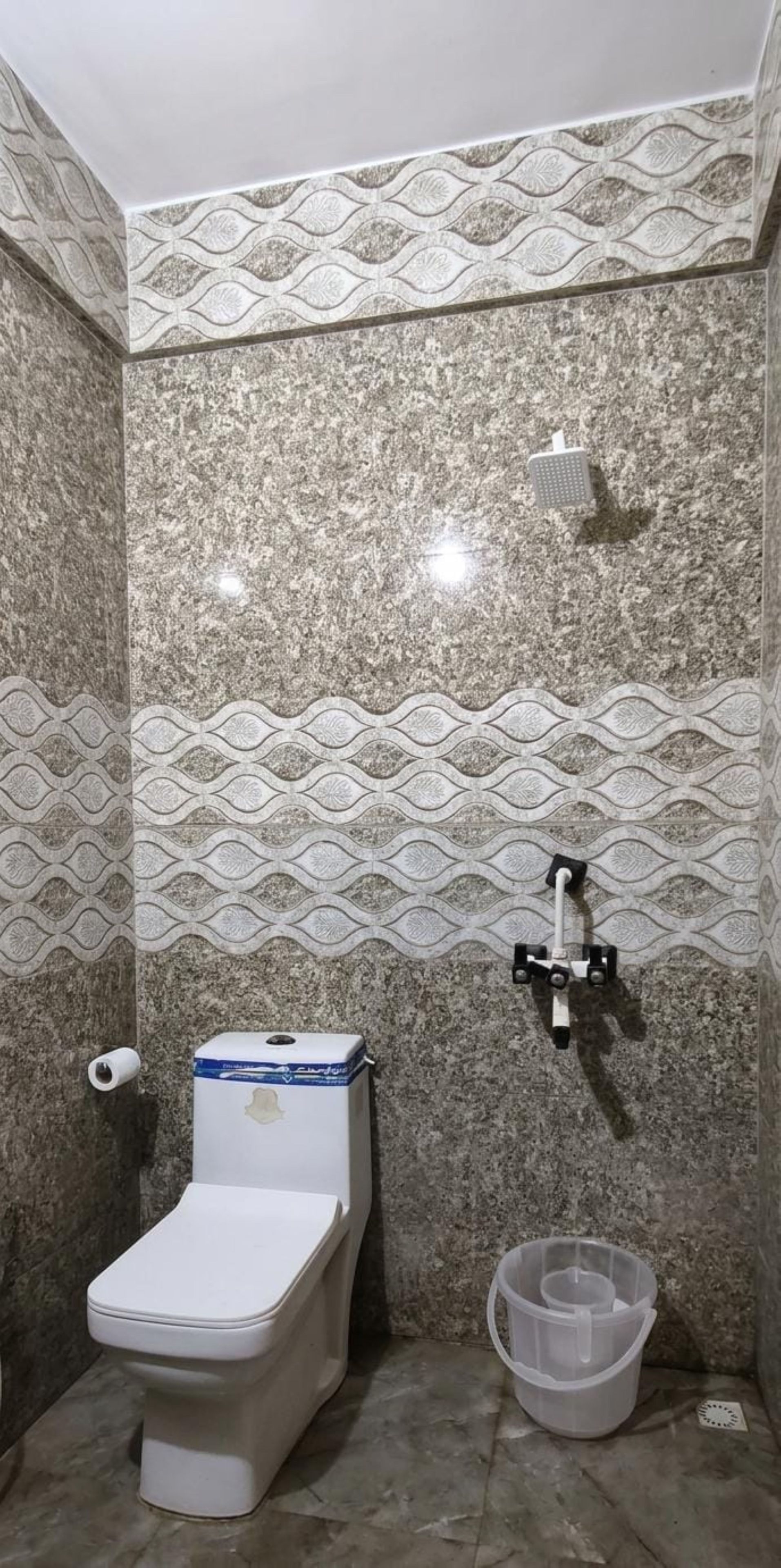 A bathroom with a toilet, a shower, and a toilet paper holder.
