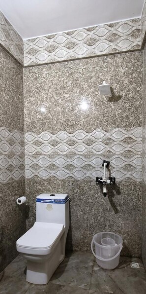 A bathroom with a toilet, a shower, and a toilet paper holder. - Banke Bihari Residency (Vrindavan)
