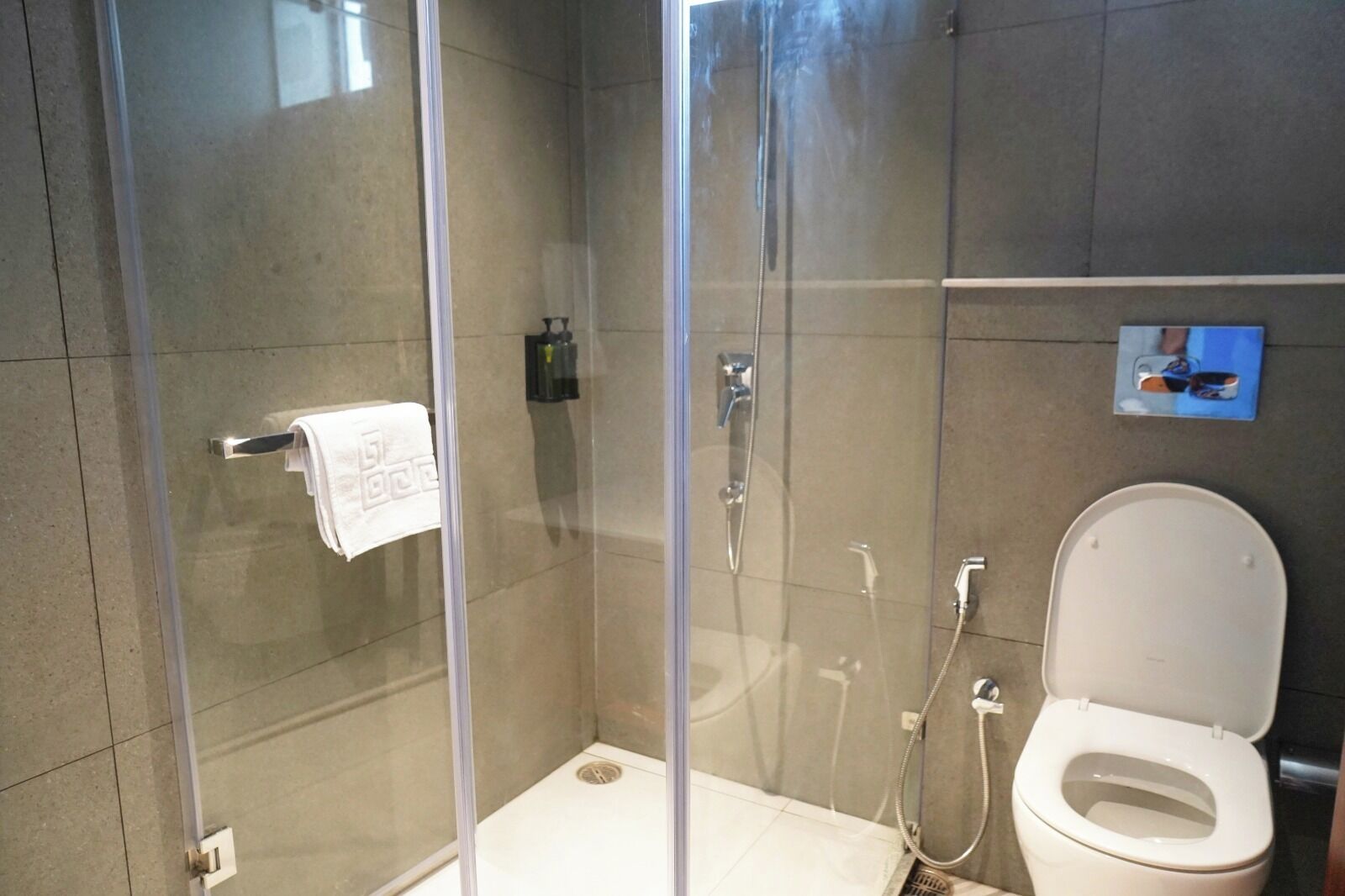 Et bruseområde med glasvægge, et hvidt toilet og en håndklæderække.