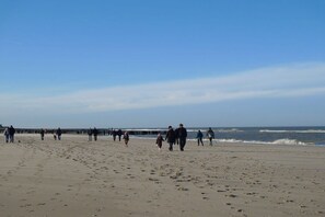 Uma praia com pessoas caminhando, um píer se estendendo para a água e um céu claro.