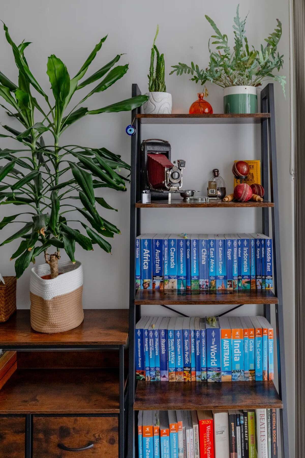 A bookshelf with travel books, a vintage camera, and decorative items.
