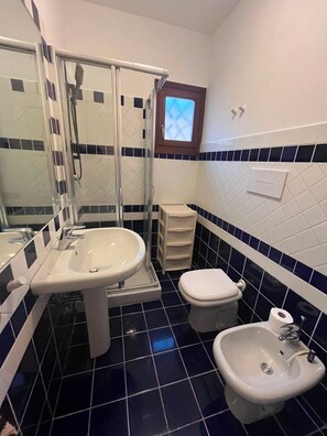 Un bagno con box doccia in vetro, lavandino, WC e bidet.