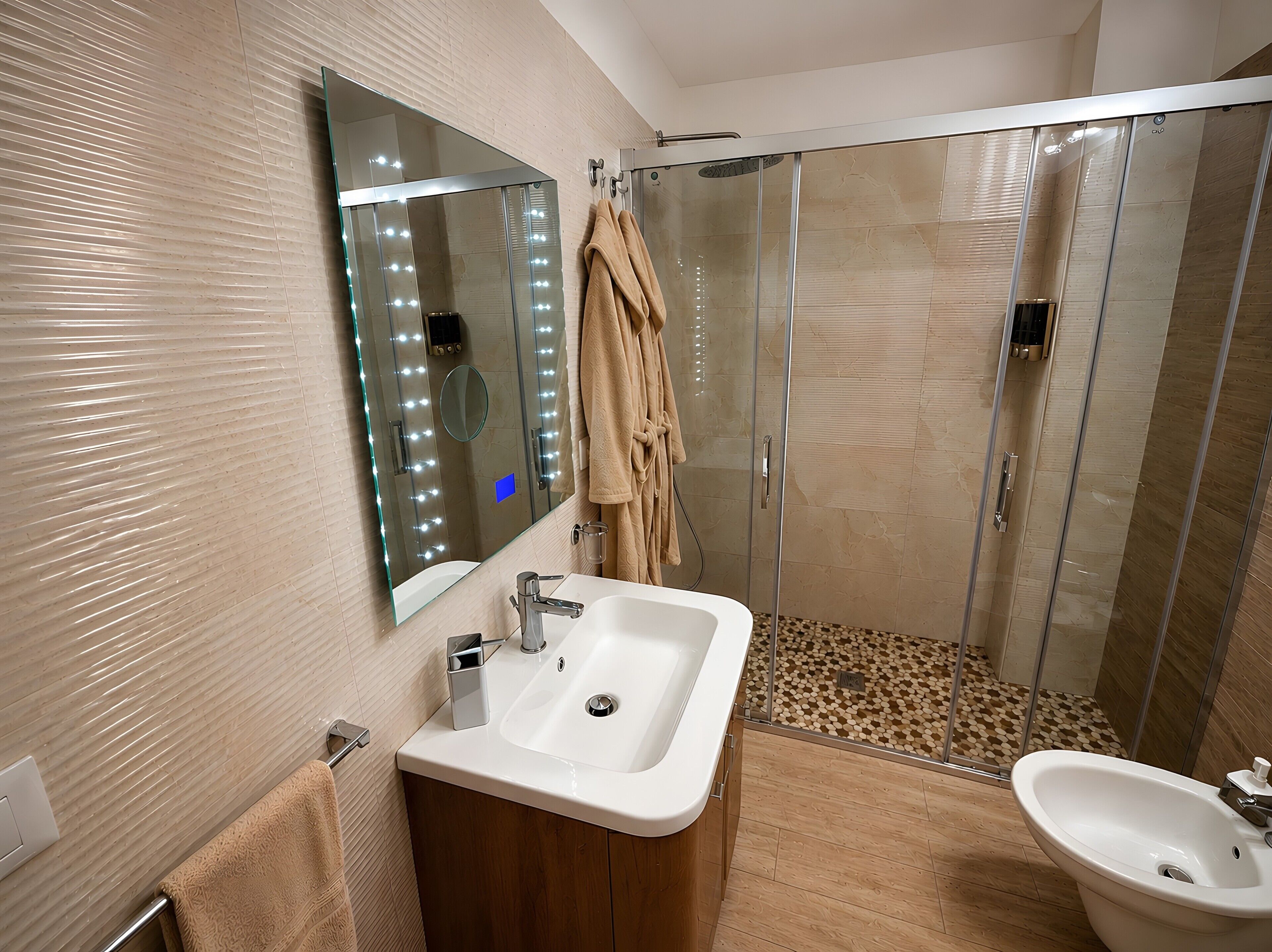 Un bagno con una toeletta, uno specchio illuminato, un box doccia e un bidet.