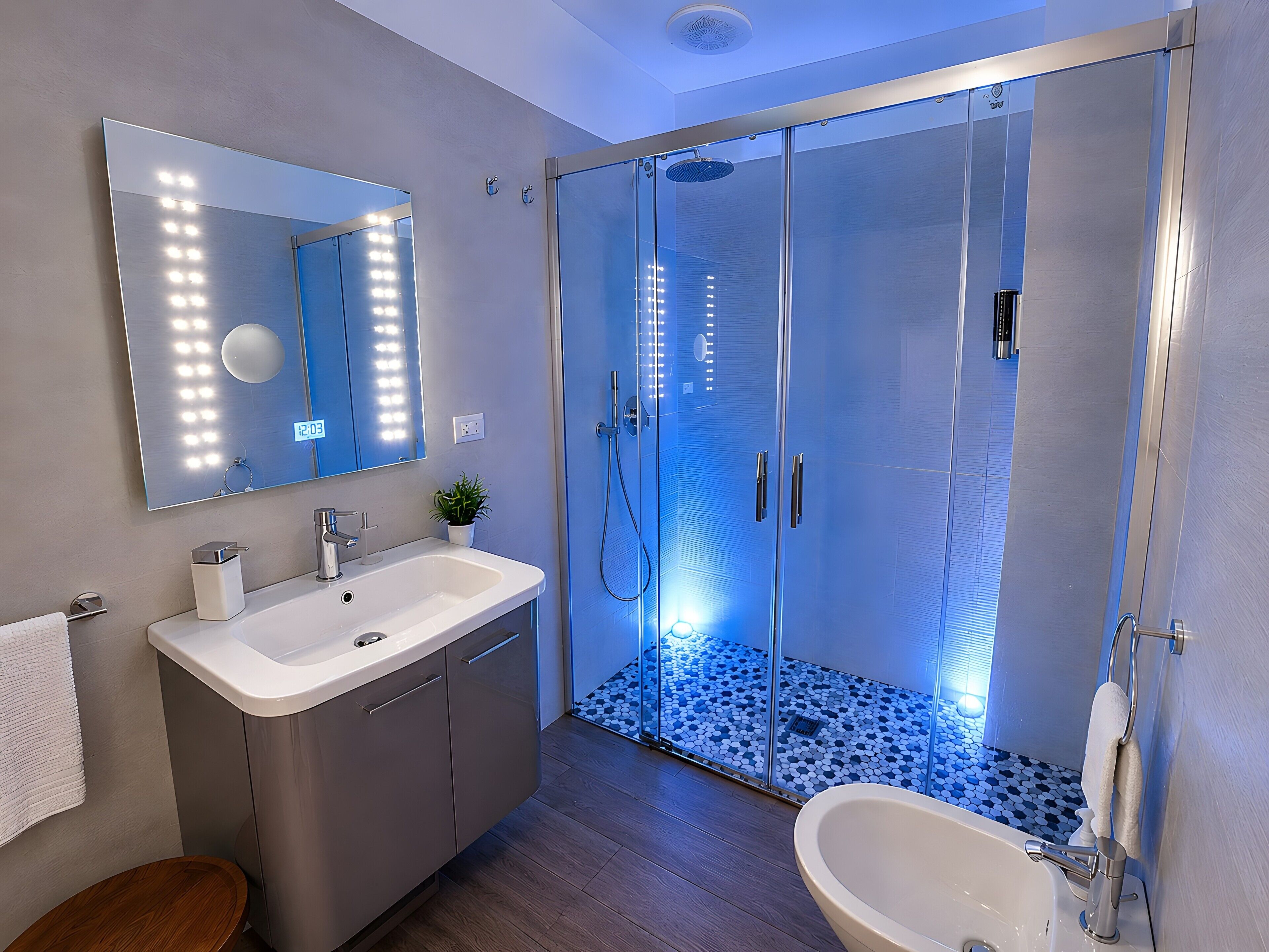 Een moderne badkamer met een douchecabine, een wastafel met spiegel en een bad.