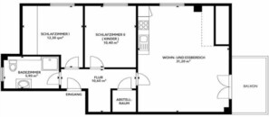 Ein Grundriss mit zwei Schlafzimmern, einem Badezimmer, einer Küche, einem Wohnbereich und einem Balkon.