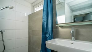 Une salle de bain avec une douche, un lavabo et un miroir.
