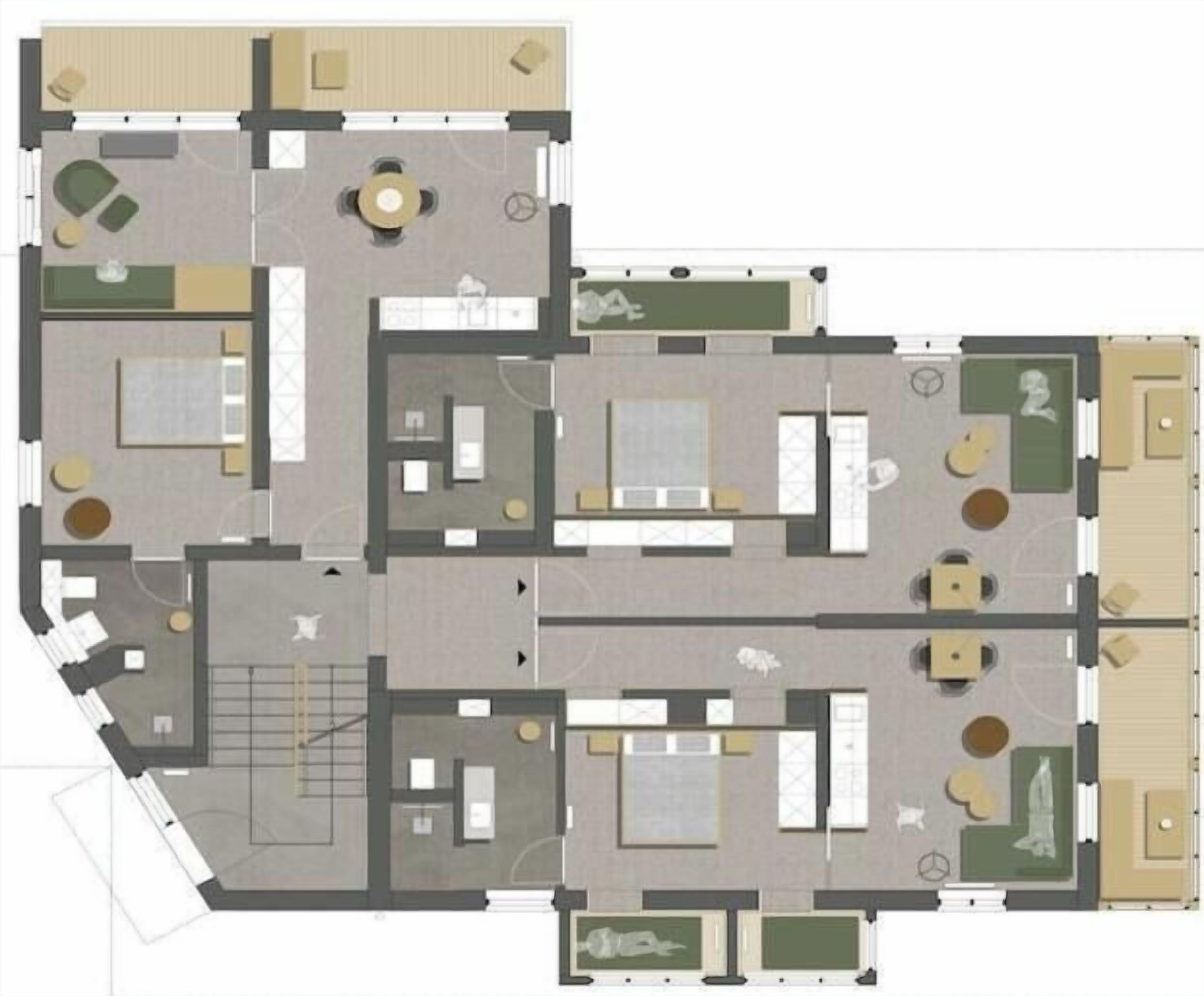 A hotel floor plan with multiple rooms, a central lobby, and a dining area.
