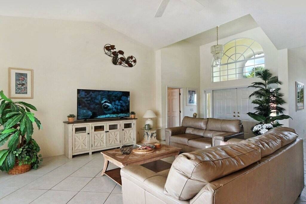 Ein Wohnzimmer mit Fernseher, Ledersofas, einem Couchtisch und einer Topfpflanze.