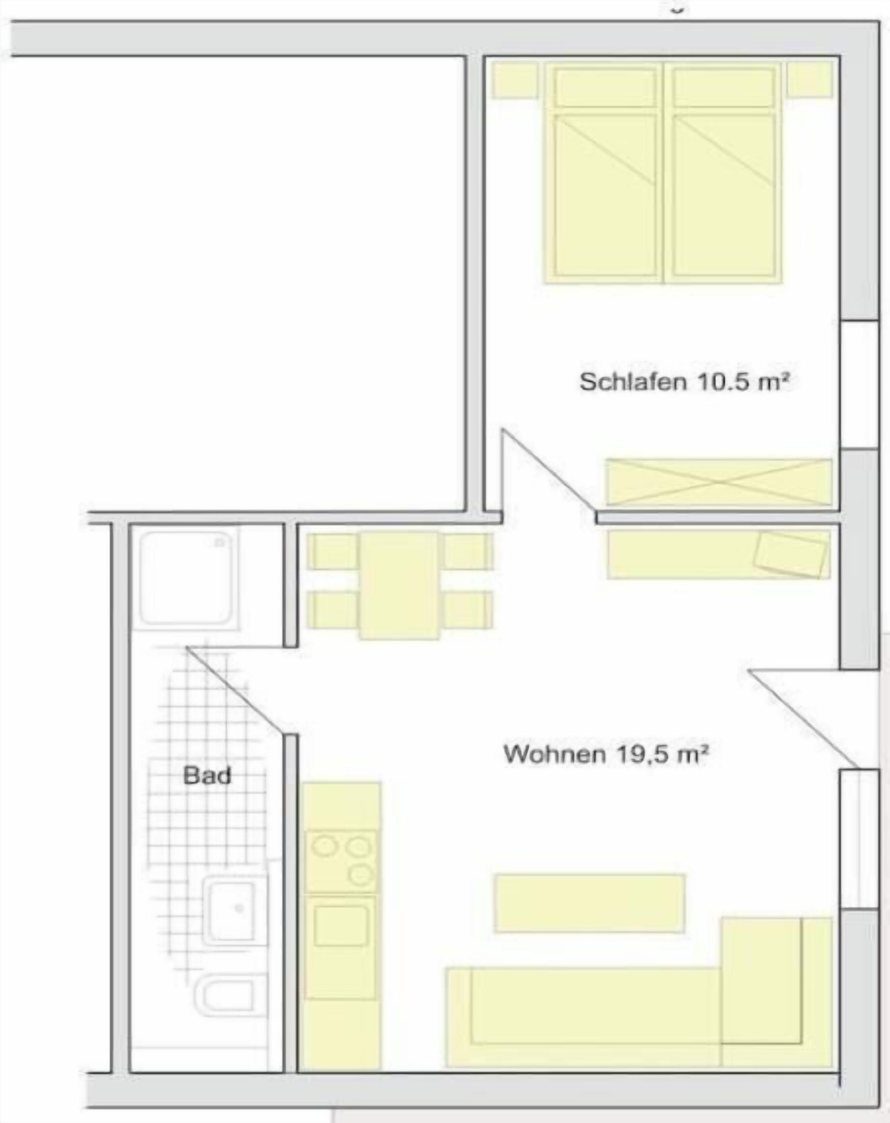 Un plan d’étage comprenant un salon de 19,5 m² et une chambre de 10,5 m².