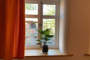 A window with a potted plant on a wooden ledge, a door with a handle, and a curtain partially drawn to the side. - Holiday apartment with 5 bedrooms (Strachau)