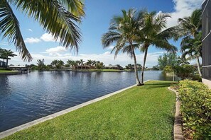 Un plan d’eau paisible, bordé d’une rive herbeuse, avec des palmiers et un bâtiment visible au loin.
