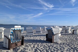 Beach chairs arranged on a sandy beach with a clear sky and a body of water in the background. - Apartment in Laboe with swimming pool (Laboe)