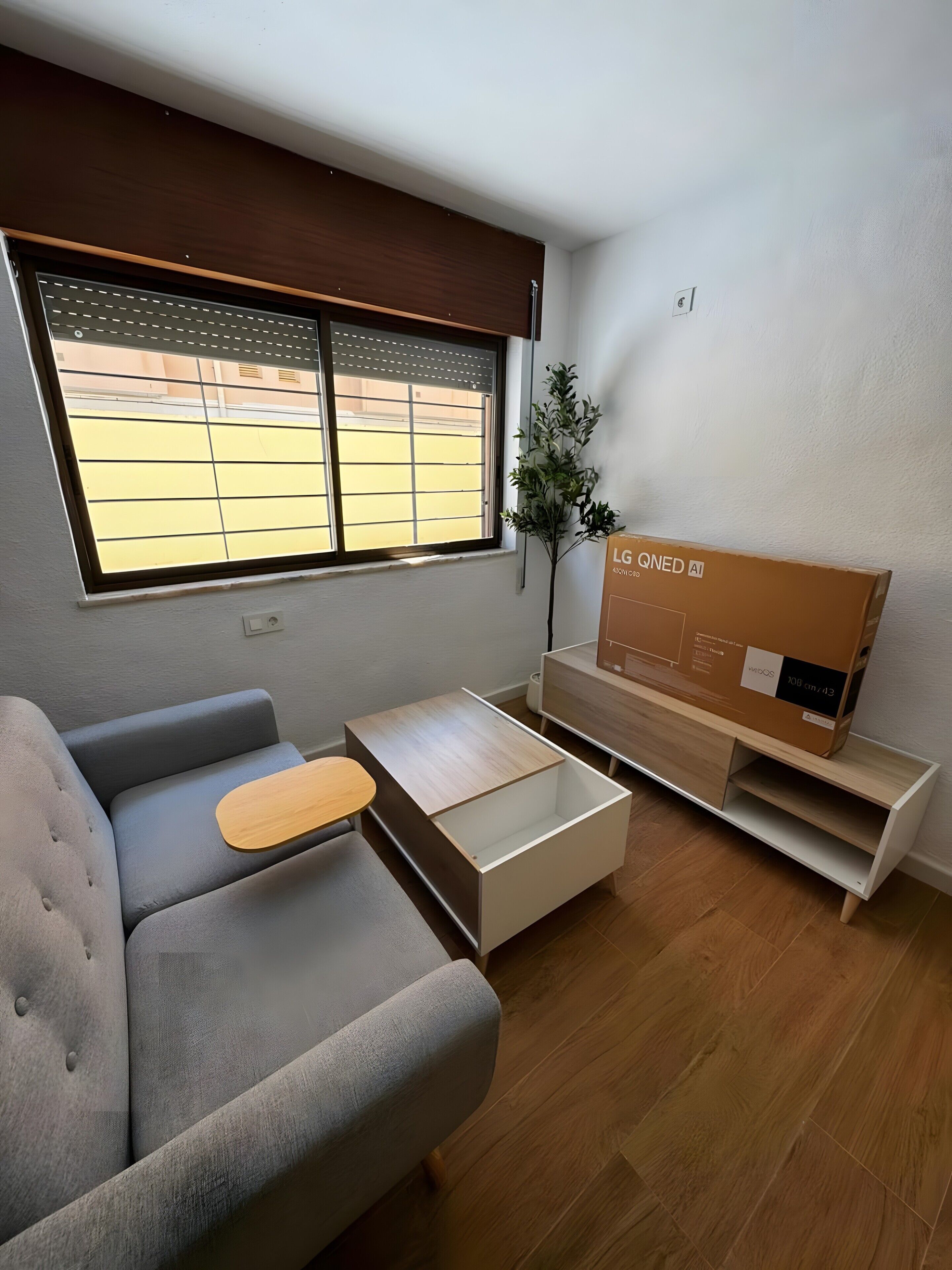 Una televisión, una mesa de tenis de mesa