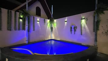 Una piscina con interior iluminado en azul, rodeada de paredes decoradas con plantas colgantes y luces empotradas.