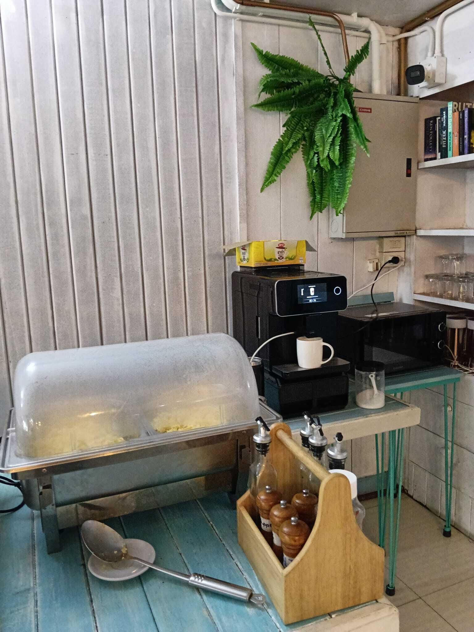 Una kitchenette con cafetera, un recipiente para alimentos, un especiero de madera y una planta colgante.