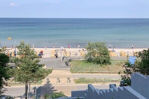 A beach with people walking, a clear sky, and a calm sea. - House on the beach, Apartment 1 (Scharbeutz)