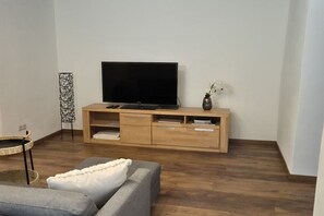 A modern living room with a flat-screen TV on a wooden TV stand, a grey sofa, a small side table, and a floor lamp. - Holiday home Anna in Hirschau (Hirschau)