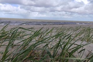 A beach with sand and grass in the foreground and a cloudy sky. - Holiday home with 1 bedroom (Wangerland Hooksiel)