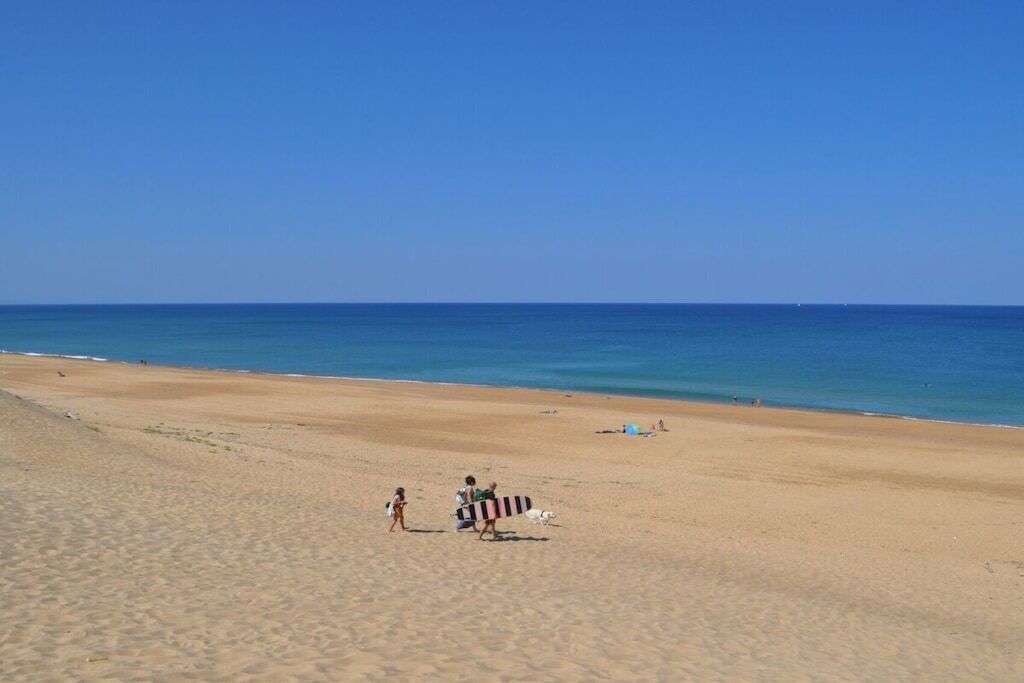 Een strand met een heldere hemel, zandstrand en enkele mensen.
