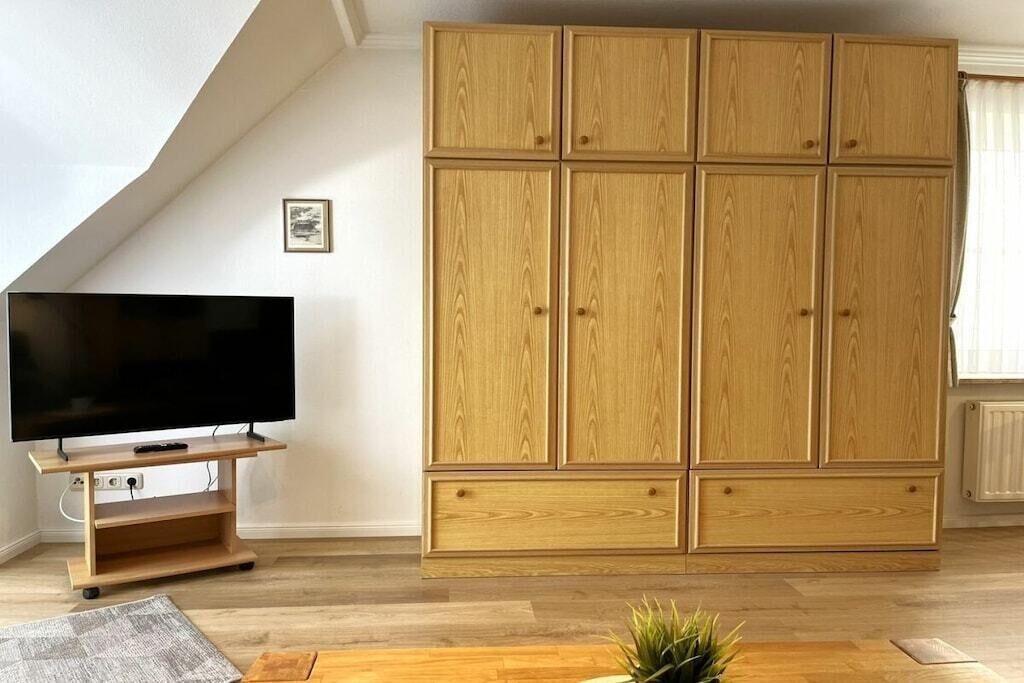 A room with a large wooden wardrobe, a flat-screen TV on a wooden stand, and a small plant on a wooden table.