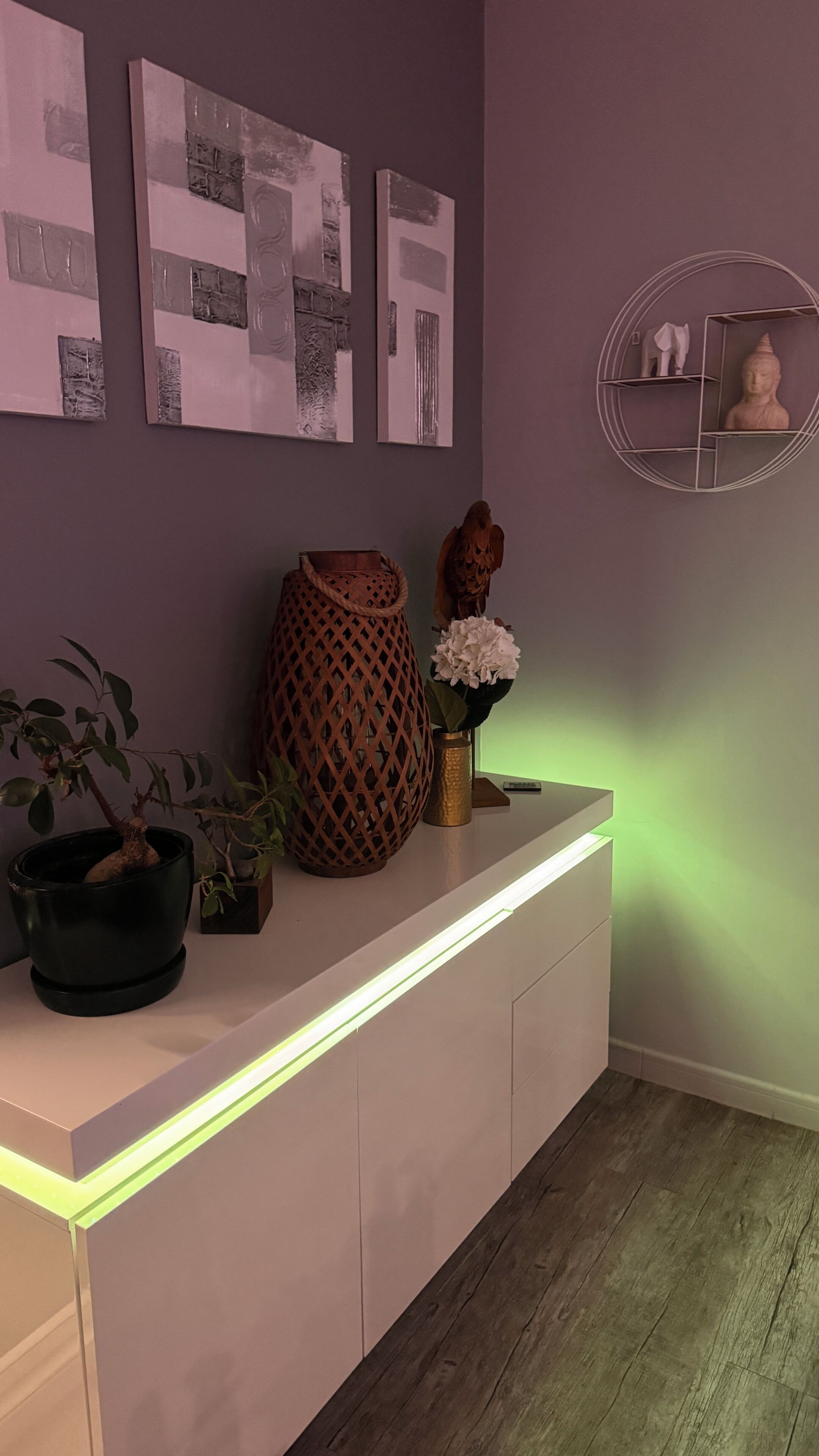 A modern interior with a white console table, a potted plant, a decorative vase, and wall art.